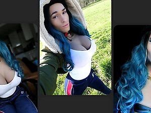 Crossdresser Alaina Sanchez Public Walk Blue Wig