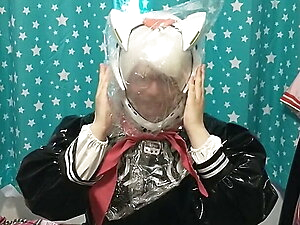 PVC 2B sissy cosplay Breathplay in Eva Helmet Bagging