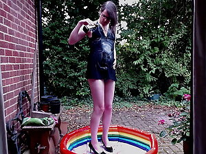 Outdoor sissy slut oiled and lubed WAM dildo fuck and cum
