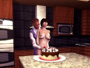 Shemale cums in the kitchen