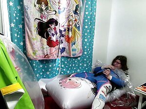 Dva zentai Plastic Raincoat Breathplay Inflatable Pillow Hump and Vibrator